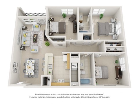 Floor plan for 3 beds, 2 baths, 1219 sqft